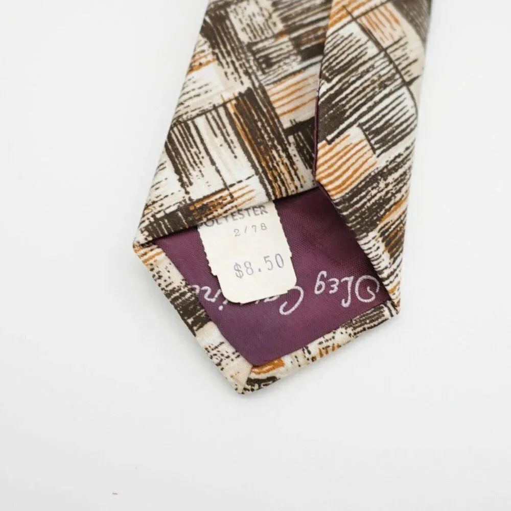 Oleg Cassini Deco Art Abstract Print Brown Polyester Short Wide Tie‎